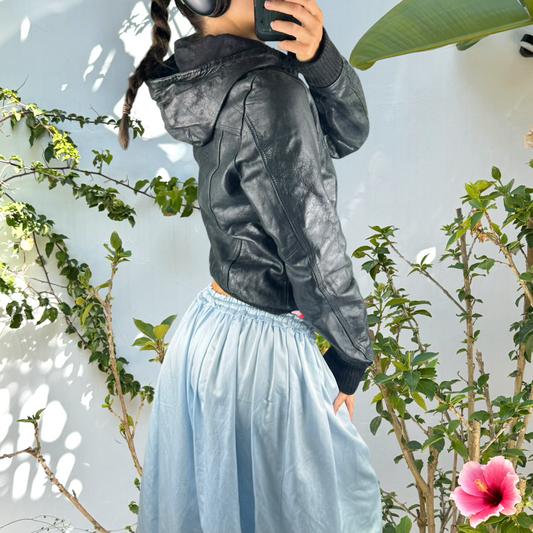 Vintage leather hooded bomber jacket