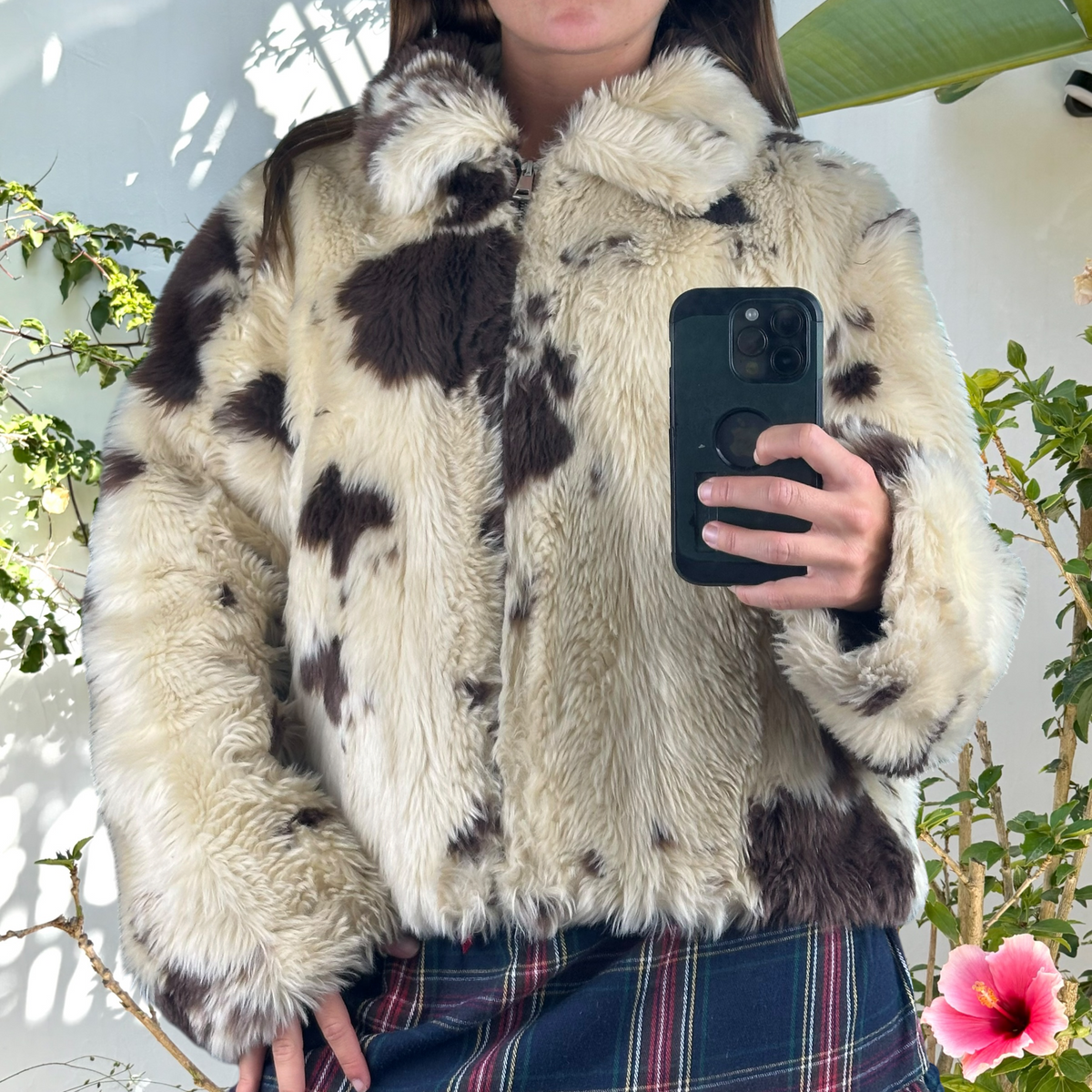 Faux fur cow print boxy cropped jacket