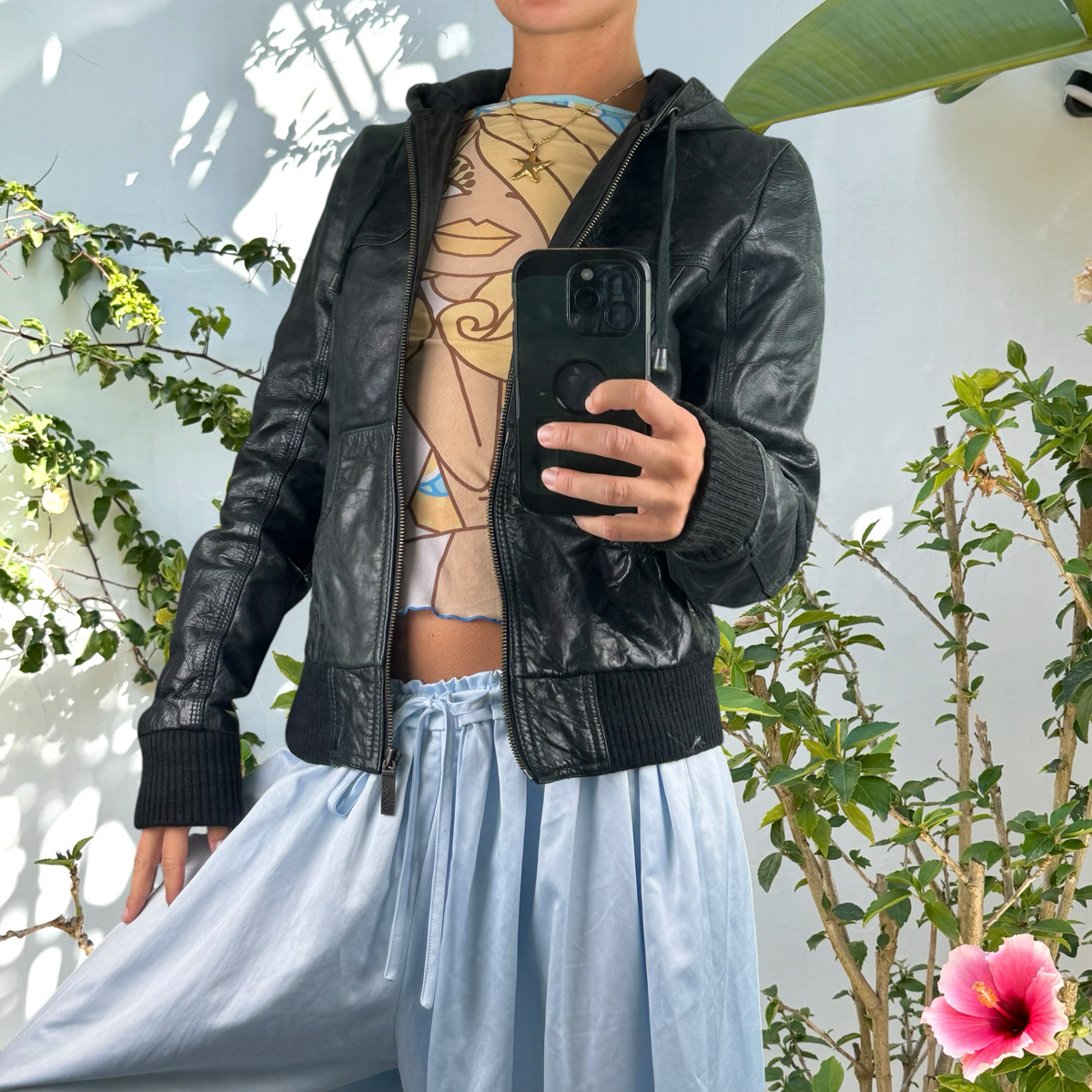 Vintage leather hooded bomber jacket