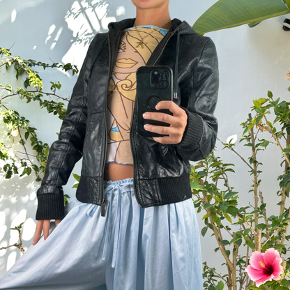 Vintage leather hooded bomber jacket