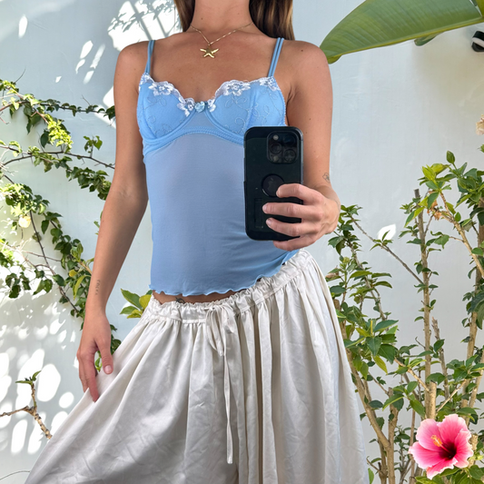 Soft vintage blue semi sheer cami top