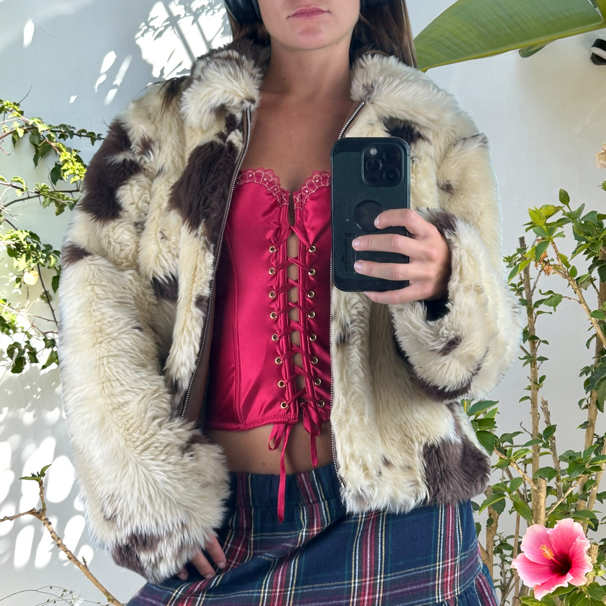 Faux fur cow print boxy cropped jacket