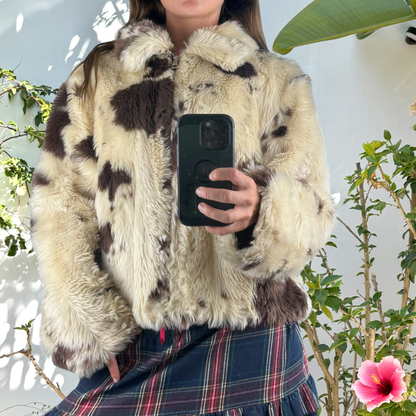 Faux fur cow print boxy cropped jacket