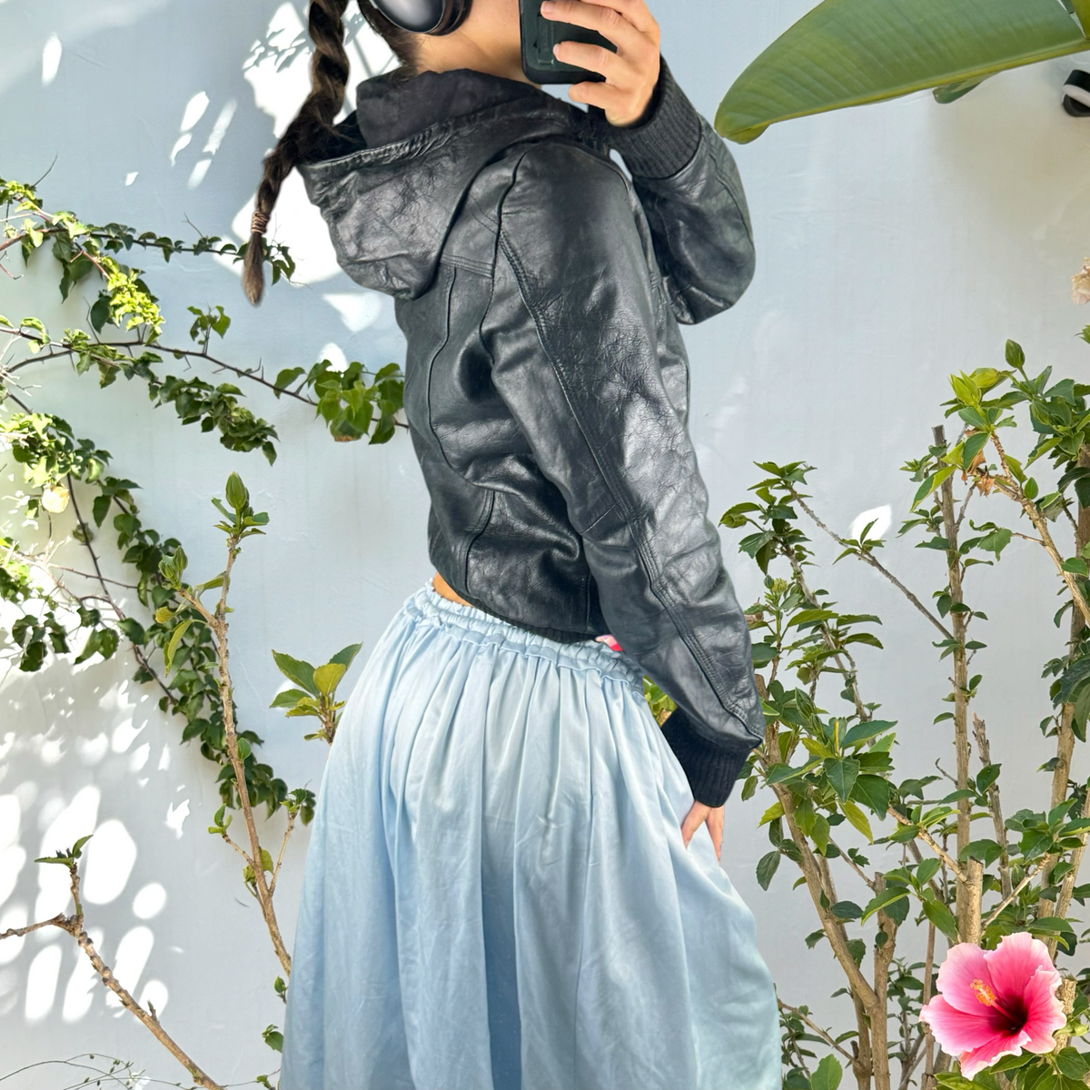 Vintage leather hooded bomber jacket