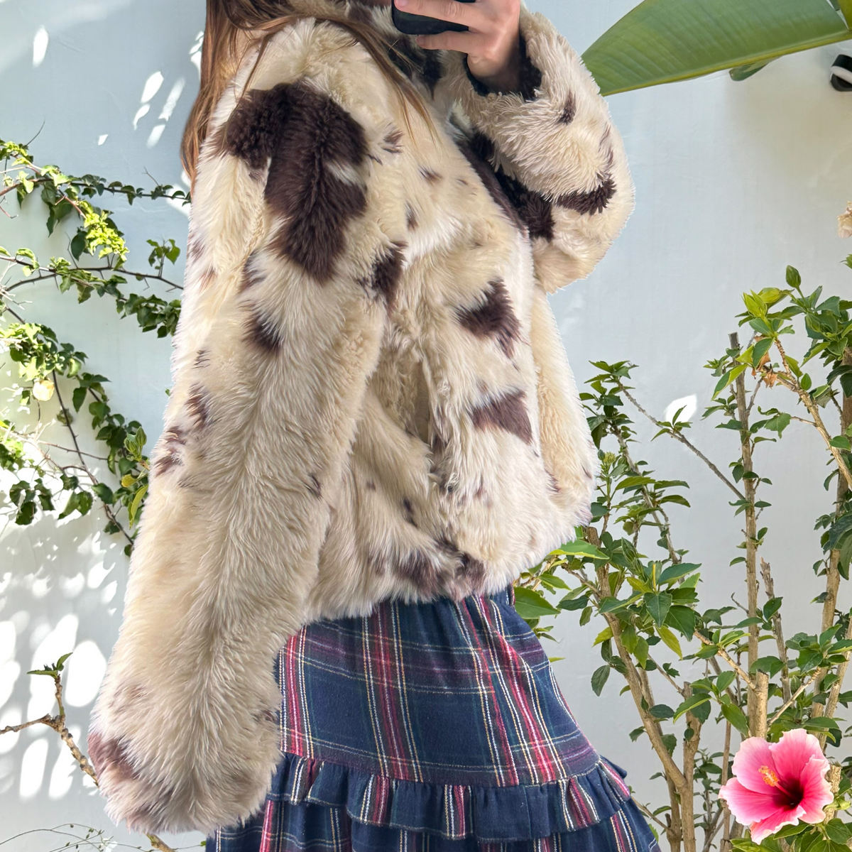 Faux fur cow print boxy cropped jacket