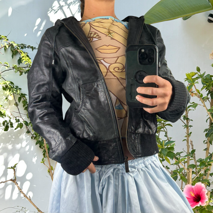 Vintage leather hooded bomber jacket