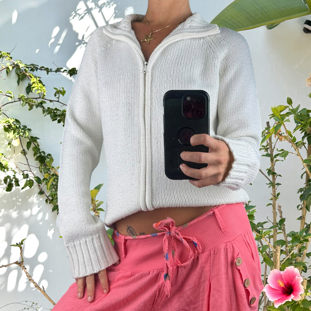 Vintage cotton Ribbed white double zip jumper