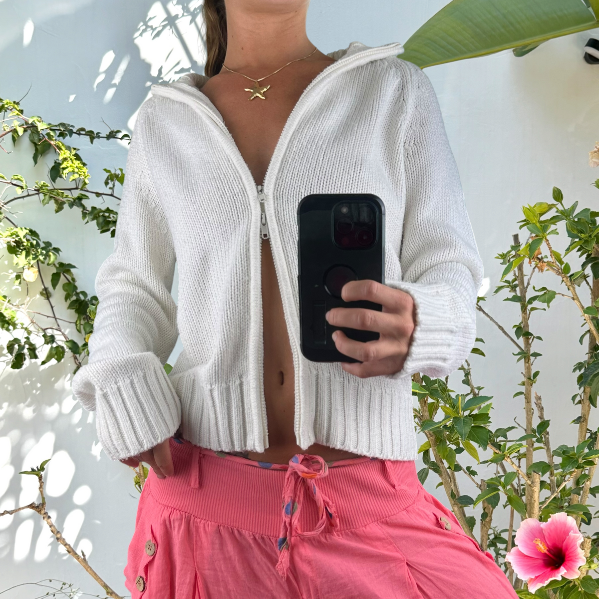 Vintage cotton Ribbed white double zip jumper