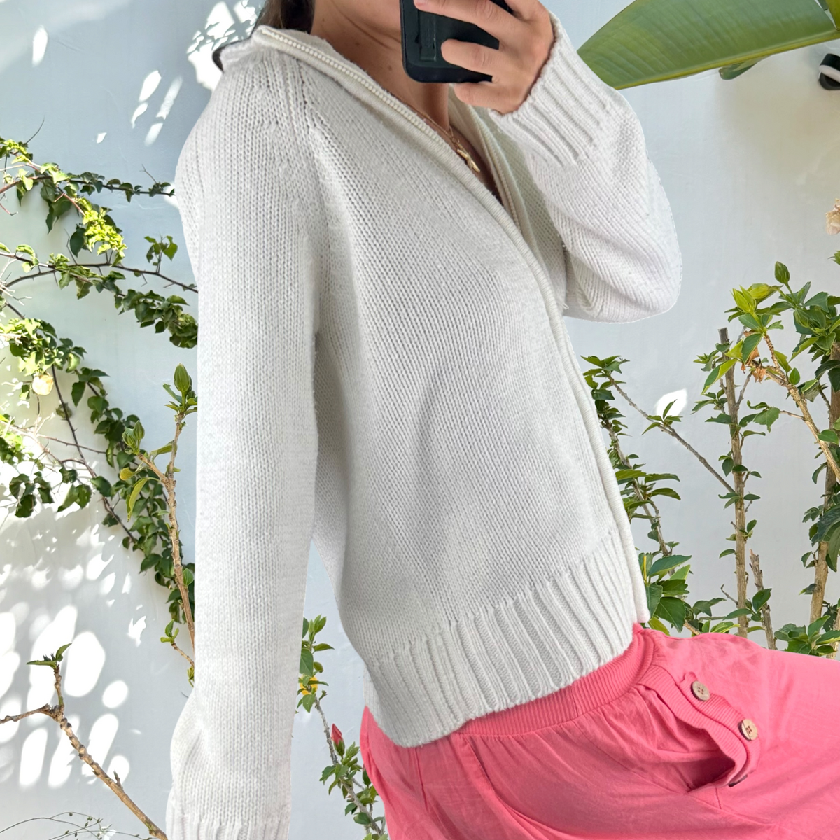 Vintage cotton Ribbed white double zip jumper