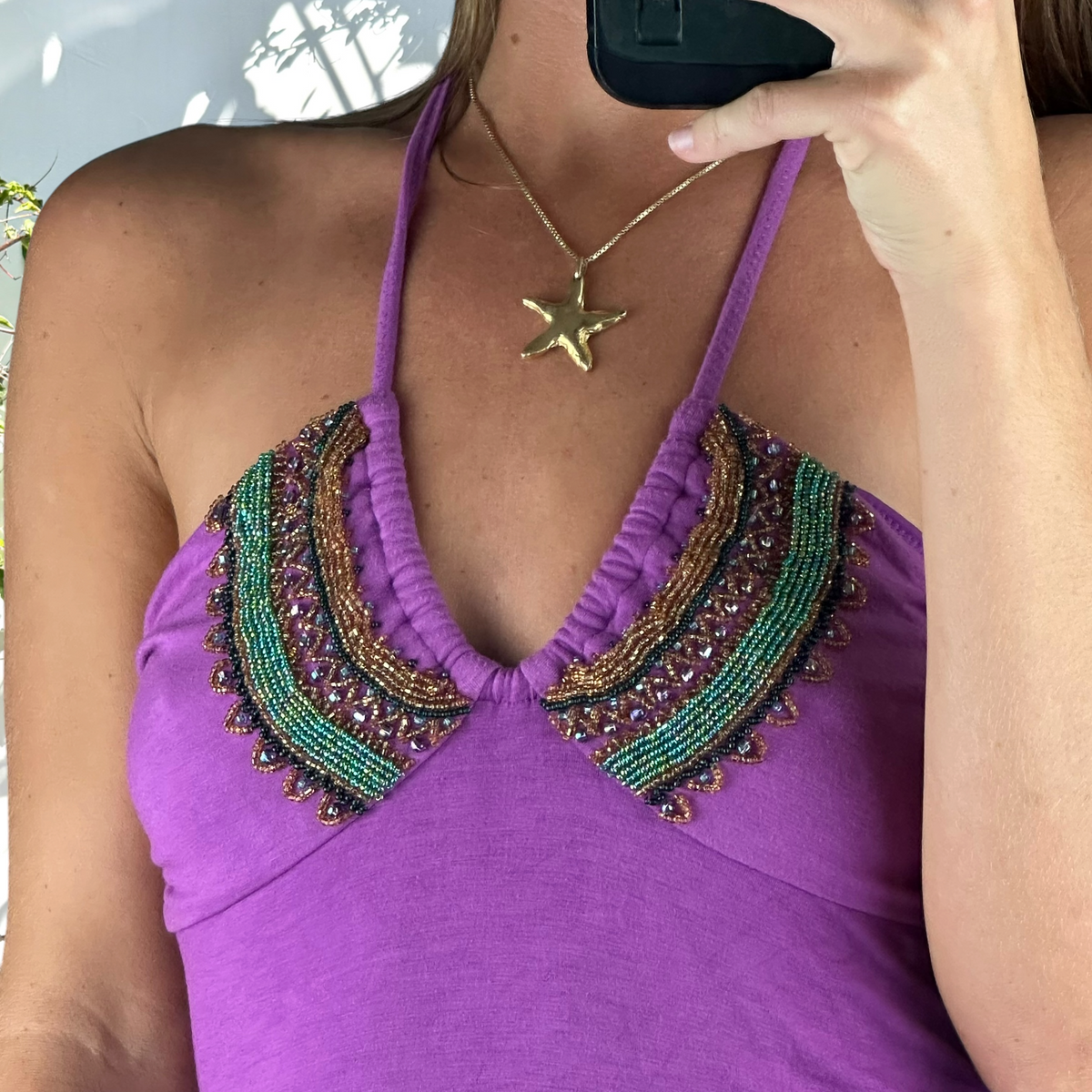 Y2K beaded purple halter neck mini dress